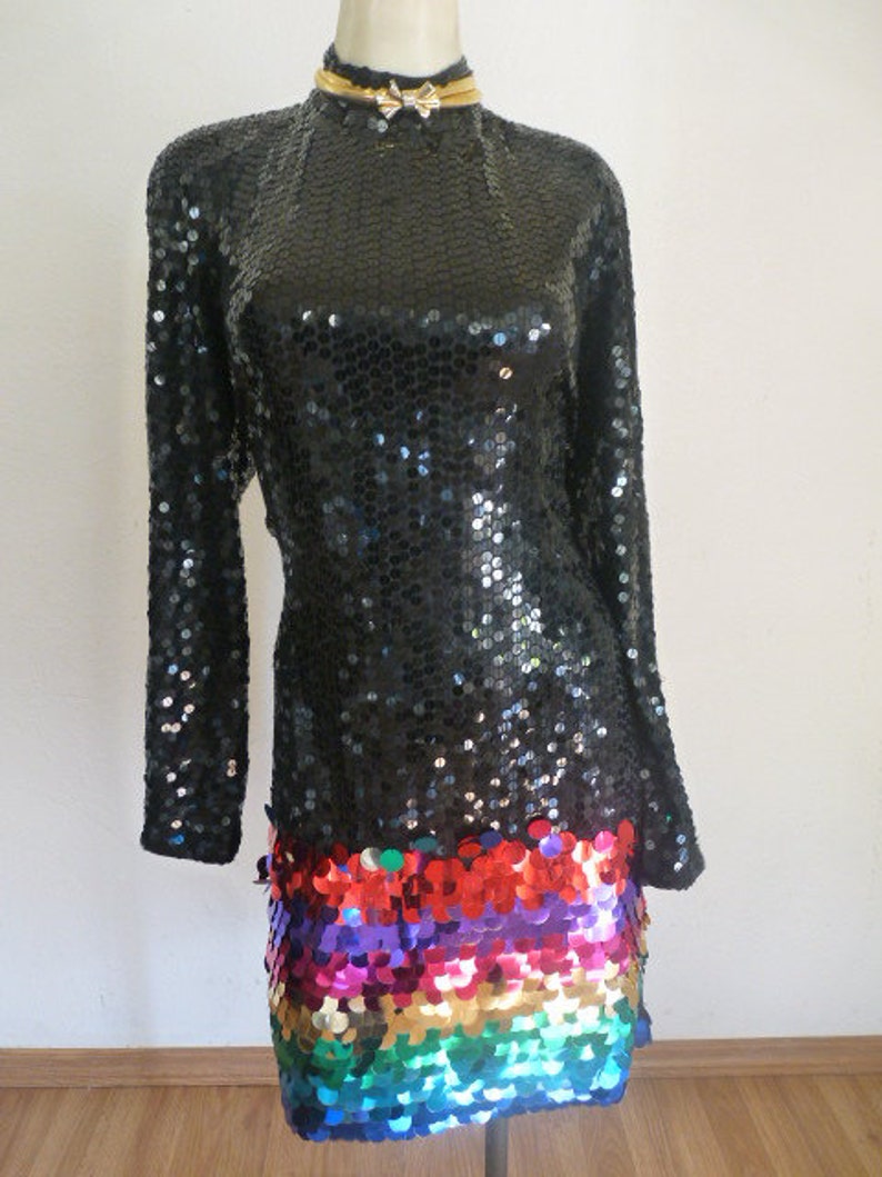 90s Vintage PROM DRESS Rainbow sequin dress beaded cocktail party dress Rainbow Prom Dress embellished pailette sequin dress keyhole back image 3