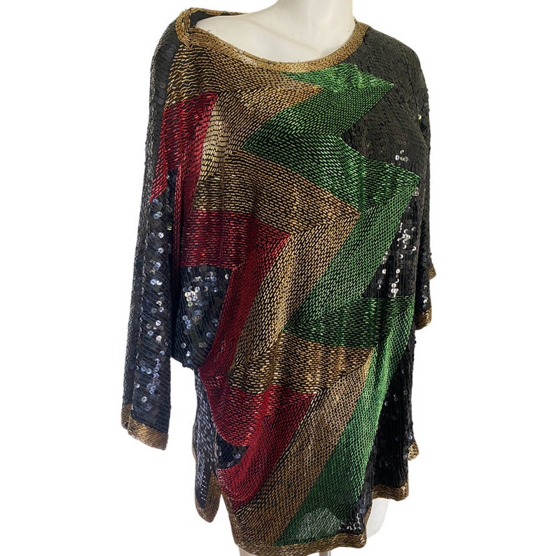 80s heavily beaded gold top, black green red glass bead top, art deco sequin blouse, cocktail dress blouse top size medium m 10 / 12 Eur 40 image 5