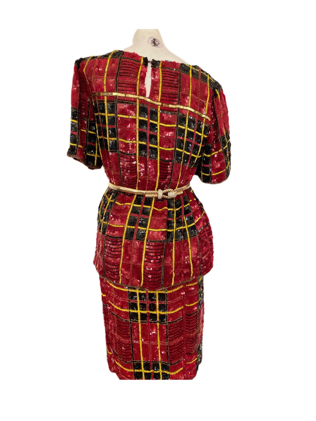 90s Vintage MODI Sequin Suit, Red Sequin Plaid Top Matching