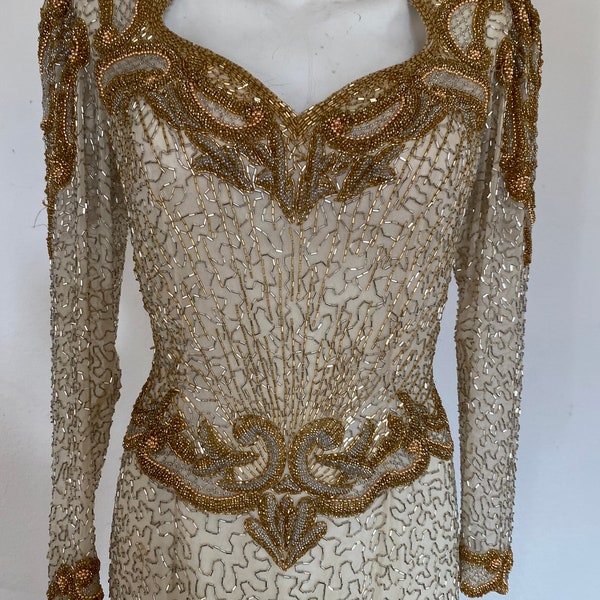 Vintage sequin wedding dress, gold beaded  dress OLEG CASSINI bead dress, glass bead embellished gown, gold sequin long sleeves size small 6