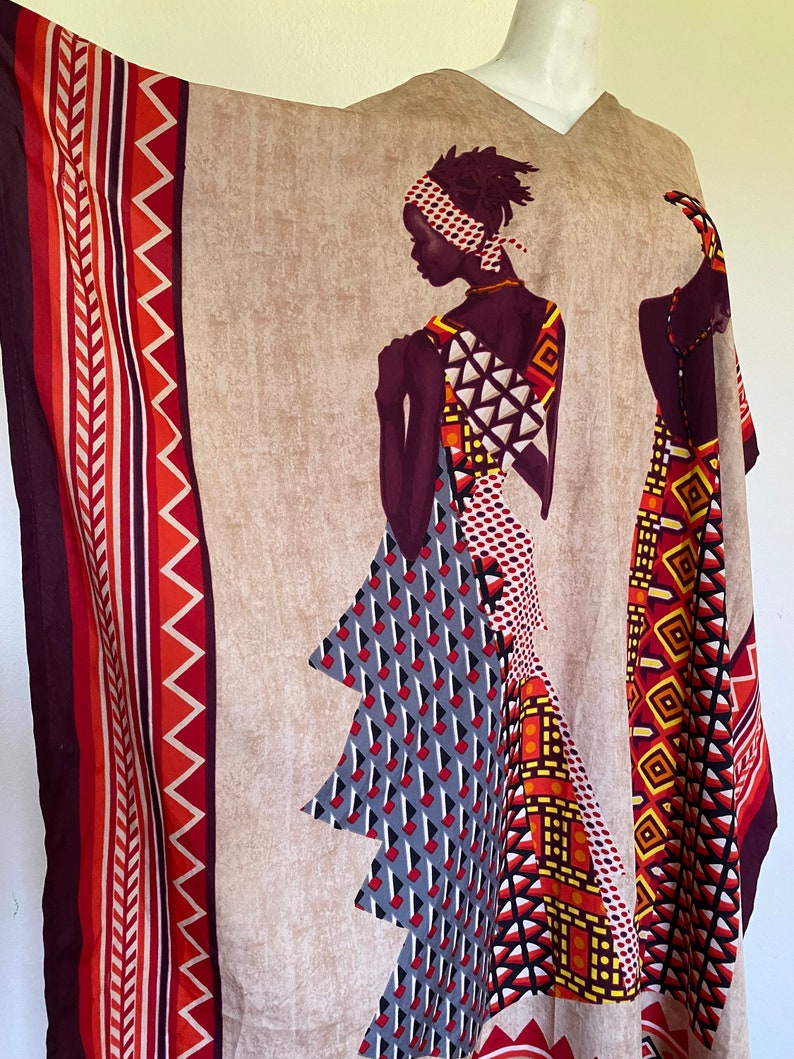 Vintage African Women KAFTN, African deco print CAFTAN Kaftan dress bright orange kimono women kaftan Art Deco free fit size s m l image 1
