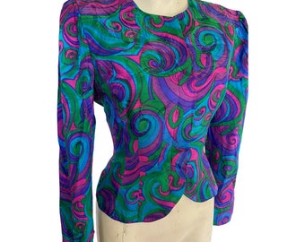 Vintage 90s Art Deco blazer, Adrianna Papelle silk blouse top, wearable art blazer, 90s retro peplum top abstract design  xs small size 4