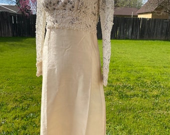 Vintage pearl WHITE beaded dress, white wedding dress, mother of the bride formal dress,, embellished sequined formal  gown size small s