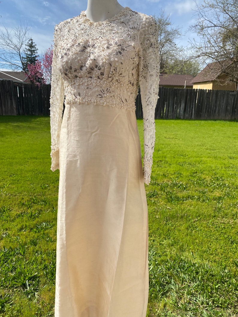 Vintage pearl WHITE beaded dress, white wedding dress, mother of the bride formal dress,, embellished sequined formal gown size small s image 1