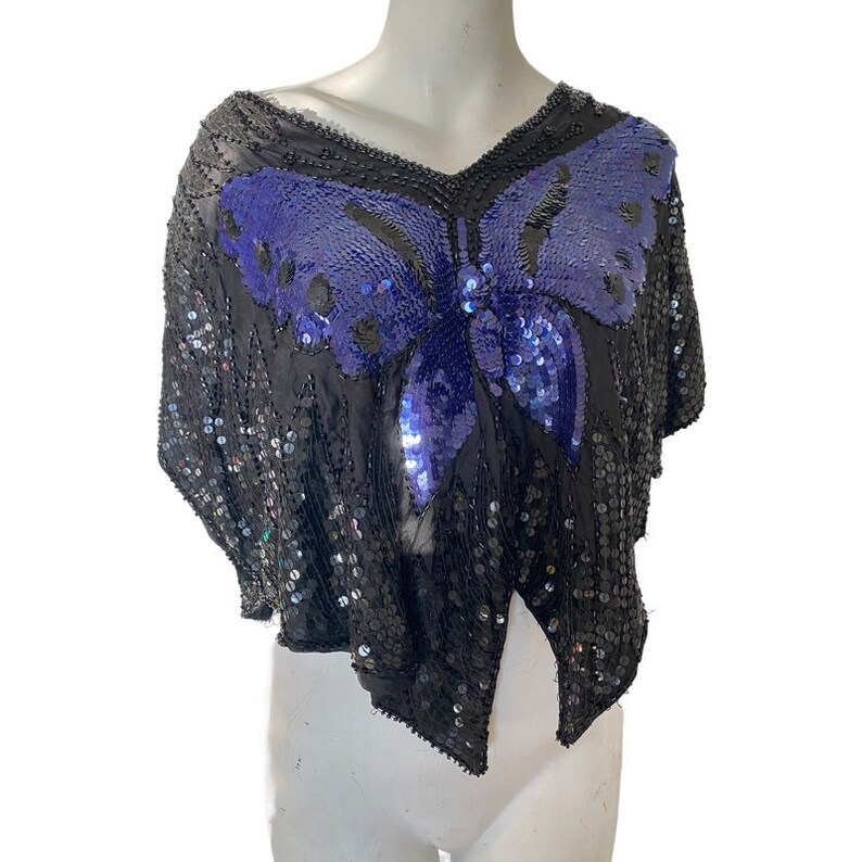 90s Y2k Vintage sequin BUTTERFLY TOP, purple beaded butterfly shirt, festival fashion top, disco party top, festival top s m l image 2