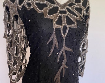 1980’s Vintage silver sequin dress, bead cut out gown, black vintage dress, bead cocktail gown, Gatsby dress, silver sequin dress size small