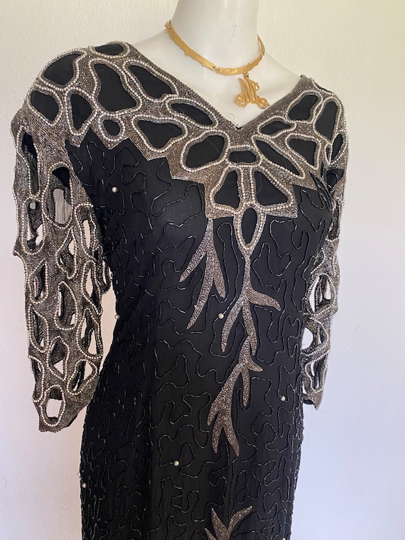 1980’s Vintage silver sequin dress, bead cut out … - image 1