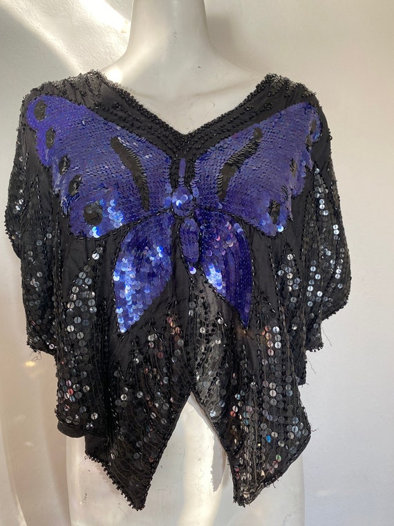 90s Y2k Vintage sequin BUTTERFLY TOP, purple bead… - image 4