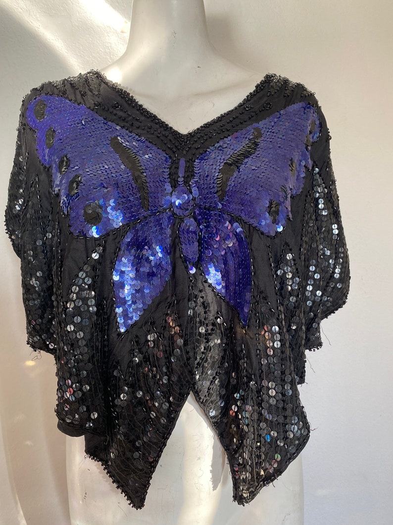 90s Y2k Vintage sequin BUTTERFLY TOP, purple beaded butterfly shirt, festival fashion top, disco party top, festival top s m l image 4