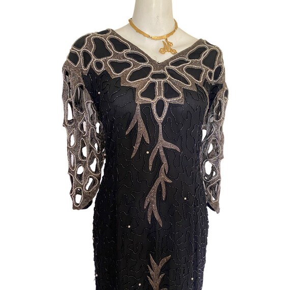 1980’s Vintage silver sequin dress, bead cut out … - image 5