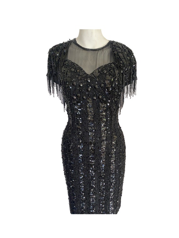 Vintage SHEER sequin dress, black beaded dress, r… - image 2