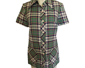 70's Vintage plaid top, green white navy houndstooth top, retro button down shirt, men's vintage, women's vintage collared shirt medium m 10