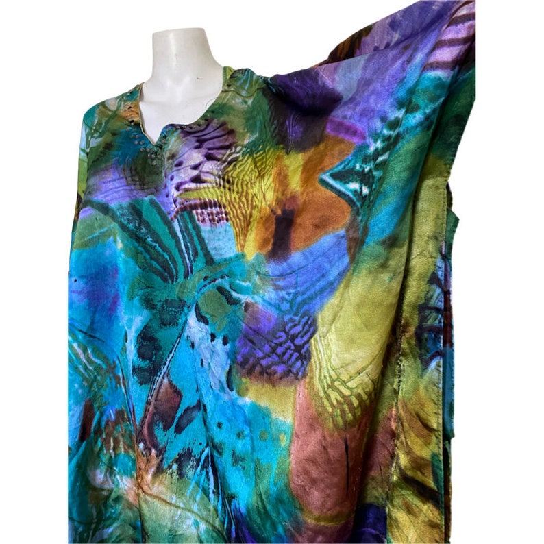 Vintage Kaftan Tie Dye CAFTAN bright green purple blue Art Deco color, abstract print kimono free fit size s m l image 2