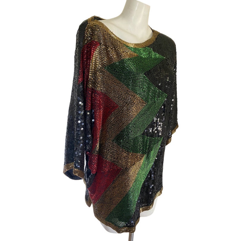 80s heavily beaded gold top, black green red glass bead top, art deco sequin blouse, cocktail dress blouse top size medium m 10 / 12 Eur 40 image 7