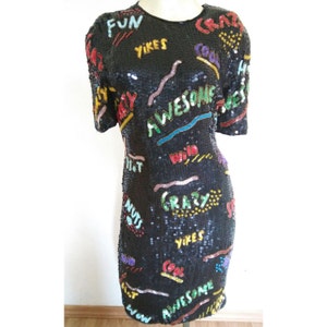 RARE 90s vintage heavily sequined ART Deco COMIC dress beaded novelty dress, trophy dress, avant garde wearable art dress size small s image 4