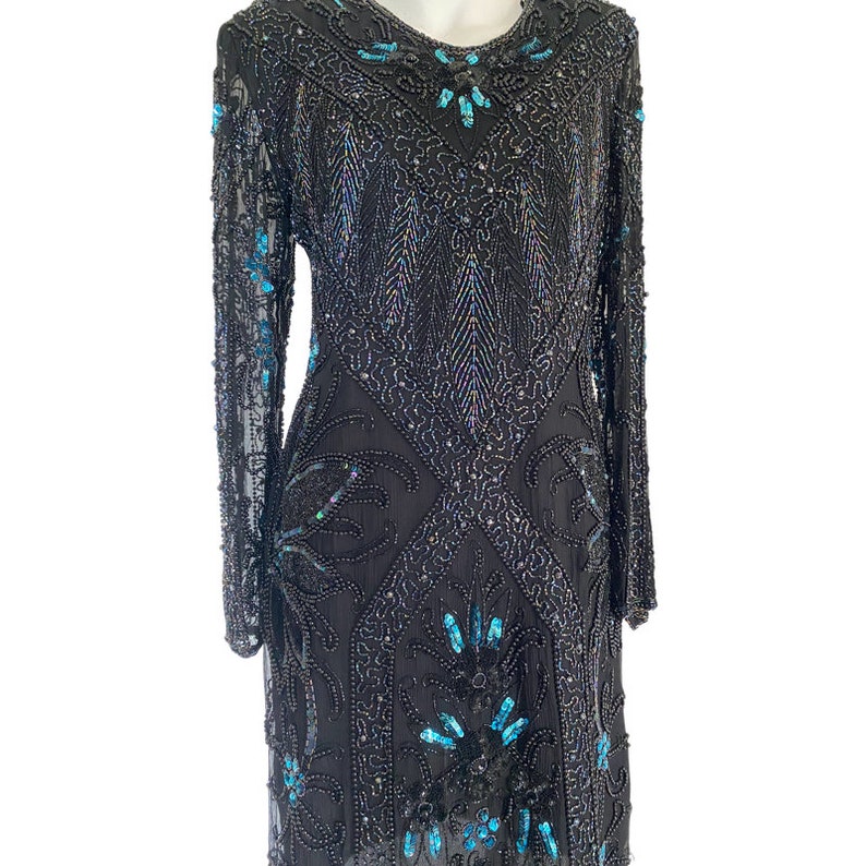 80s heavily embellished glass bead gown, sequin black dress, blue turqouise beaded gown, keyhole back cocktail dress medium m 10 / 12 image 6
