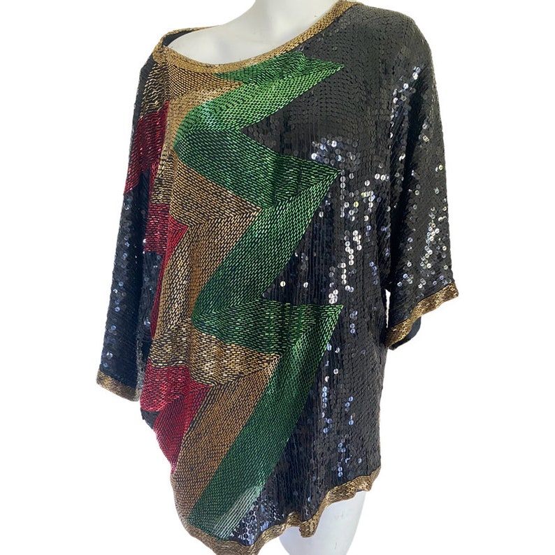 80s heavily beaded gold top, black green red glass bead top, art deco sequin blouse, cocktail dress blouse top size medium m 10 / 12 Eur 40 image 3