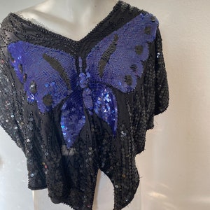 90s Y2k Vintage sequin BUTTERFLY TOP, purple beaded butterfly shirt, festival fashion top, disco party top, festival top s m l image 3