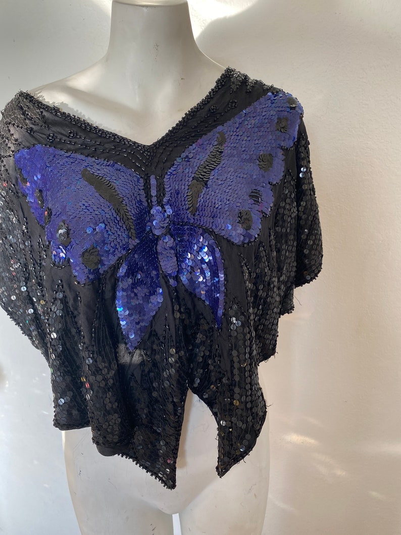 90s Y2k Vintage sequin BUTTERFLY TOP, purple beaded butterfly shirt, festival fashion top, disco party top, festival top s m l image 3