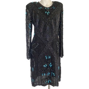 80s heavily embellished glass bead gown, sequin black dress, blue turqouise beaded gown, keyhole back cocktail dress medium m 10 / 12 image 9