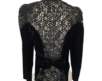 90's Vintage black tuxedo top jacket, women's tuxedo jacket, sequin lace jacket w/ butler tail, black tie cocktail dress blouse size small s