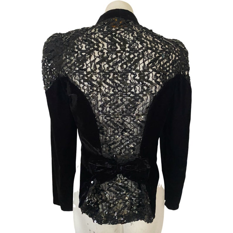 90's Vintage black tuxedo top jacket, women's tuxedo jacket, sequin lace jacket w/ butler tail, black tie cocktail dress blouse size small s image 1