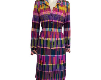 70s I.MAGNIN Dress made in British Hong Kong striped maroon pink purple Day dress, vintage Hostess Dress Maxi Dress size 10 / 12 m medium