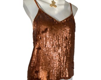 90's Vintage bronze sequin tank, bronze beaded tank top, women's black tie cocktail blouse size small s