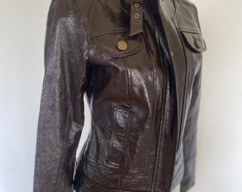 90s y2k Vintage Patent Leather Jacket, shiny brown jacket, vintage jacket, 90's grunge unisex jacket, retro moto jacket size small