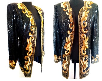 80's Vintage GOLD sequin jacket, heavily bead duster jacket, black embellished art deco jacket size xl x large 14 16