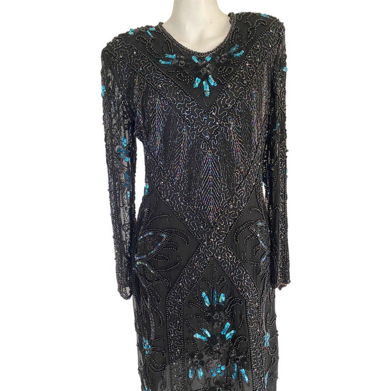 80s heavily embellished glass bead gown, sequin black dress, blue turqouise beaded gown, keyhole back cocktail dress medium m 10 / 12 image 8