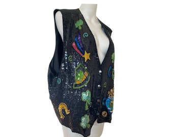 90s Vintage sequin vest, St Patricks day Vest sequin beaded Art Deco vest, abstract beaded vest, horse shoe, clover shamrock vest size XXL