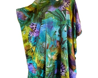 Vintage Kaftan Tie Dye CAFTAN bright green purple blue Art Deco color, abstract print kimono free fit size s m l