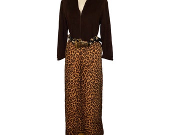 70s Vintage CHEETAH print hostess Dress, empire waist dress, zip up dress, animal print Maxi Dress size 10 / 12 m medium