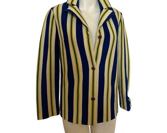 70's Vintage blazer lime green striped fitted blazer top, green white navy blue gold button women's polyester collared shirt blouse large l