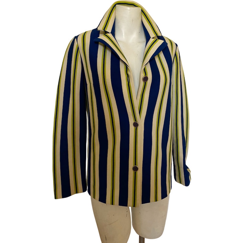 70's Vintage blazer lime green striped fitted blazer top, green white navy blue gold button women's polyester collared shirt blouse large l image 1