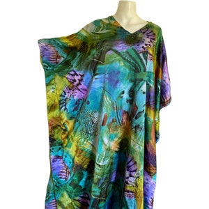 Vintage Kaftan Tie Dye CAFTAN bright green purple blue Art Deco color, abstract print kimono free fit size s m l image 4