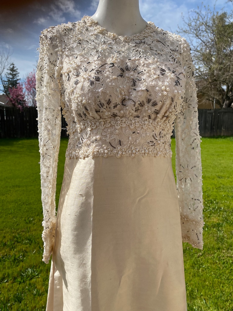 Vintage pearl WHITE beaded dress, white wedding dress, mother of the bride formal dress,, embellished sequined formal gown size small s image 2