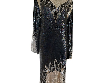 80s heavily embellished full length gown, long sleeves black silver beaded gown, flapper dress size medium m 10 / 12  Eur 40