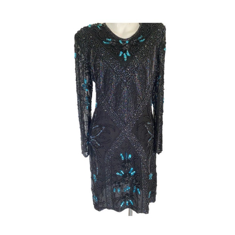 80s heavily embellished glass bead gown, sequin black dress, blue turqouise beaded gown, keyhole back cocktail dress medium m 10 / 12 image 2