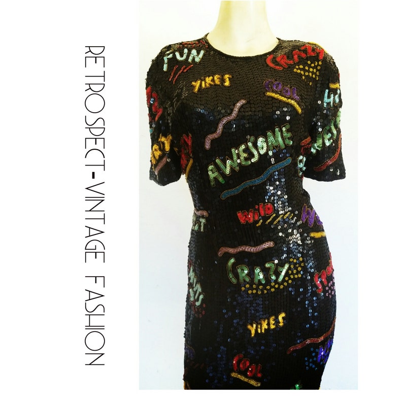 RARE 90s vintage heavily sequined ART Deco COMIC dress beaded novelty dress, trophy dress, avant garde wearable art dress size small s image 2