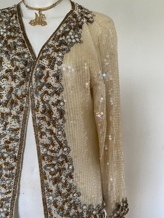 Vintage sequin coat, long white sequin duster, he… - image 2