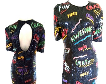 RARE 90s vintage heavily sequined ART Deco COMIC dress beaded novelty dress,  trophy dress, avant garde wearable art dress size small s