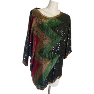 80s heavily beaded gold top, black green red glass bead top, art deco sequin blouse, cocktail dress blouse top size medium m 10 / 12 Eur 40 image 2