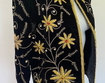 Size 10 s / m vintage Embellished jeweled DRESS and BOLERO long sleeve gold beaded jacket black cocktail dress coat gold jeweled opera coat