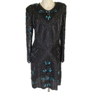 80s heavily embellished glass bead gown, sequin black dress, blue turqouise beaded gown, keyhole back cocktail dress medium m 10 / 12 image 5