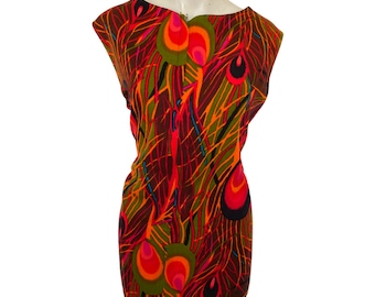 60's 70's Vintage PEACOCK COLOR Top Art Deco orange green top, sleeveless mod bright colored top, mod mini dress large l