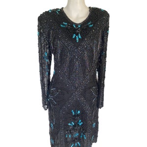 80s heavily embellished glass bead gown, sequin black dress, blue turqouise beaded gown, keyhole back cocktail dress medium m 10 / 12 image 4