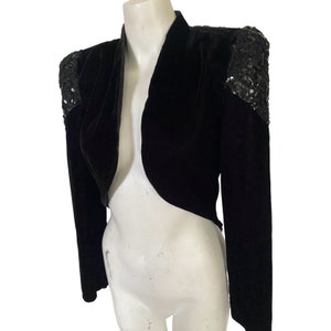 90's Vintage black tuxedo top jacket, women's tuxedo jacket, sequin lace jacket w/ butler tail, black tie cocktail dress blouse size small s image 4