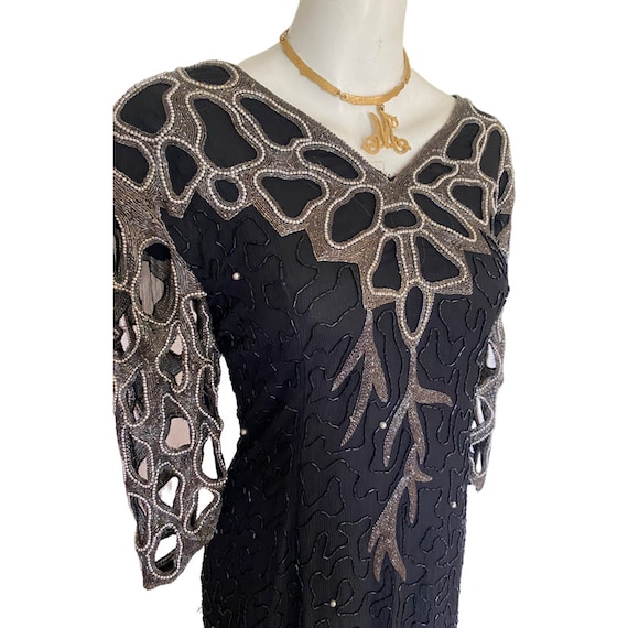 1980’s Vintage silver sequin dress, bead cut out … - image 2